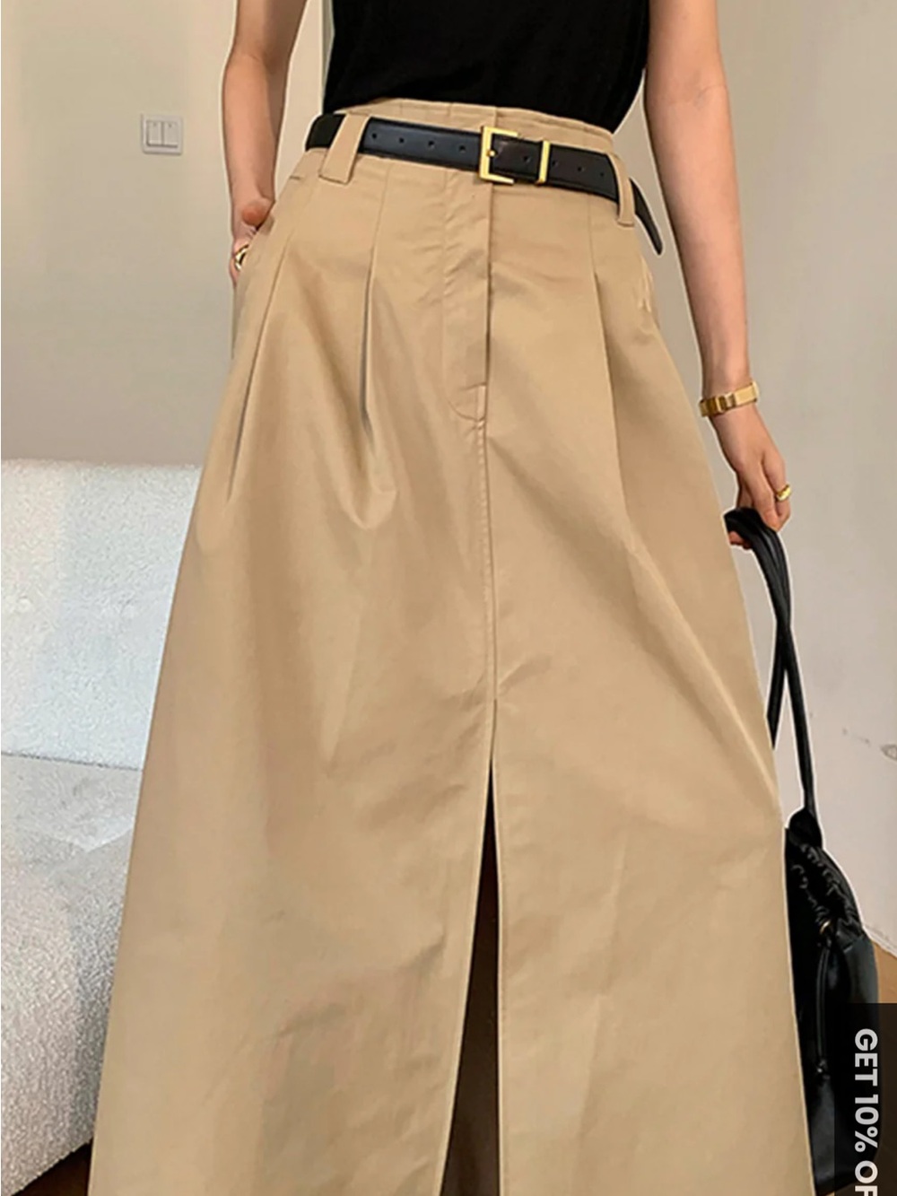 Commense Beige Maxi Skirt with Front Slit